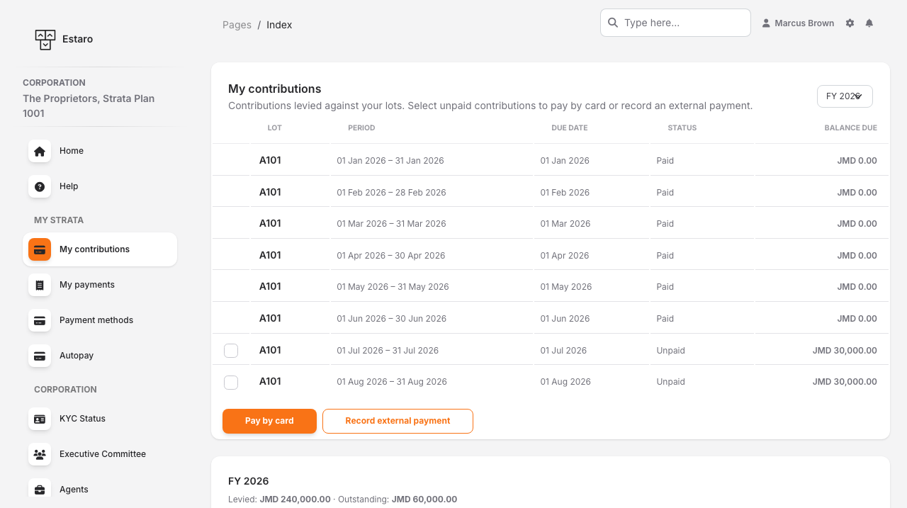 A proprietor's contributions page listing charges per lot with their due dates and balances.